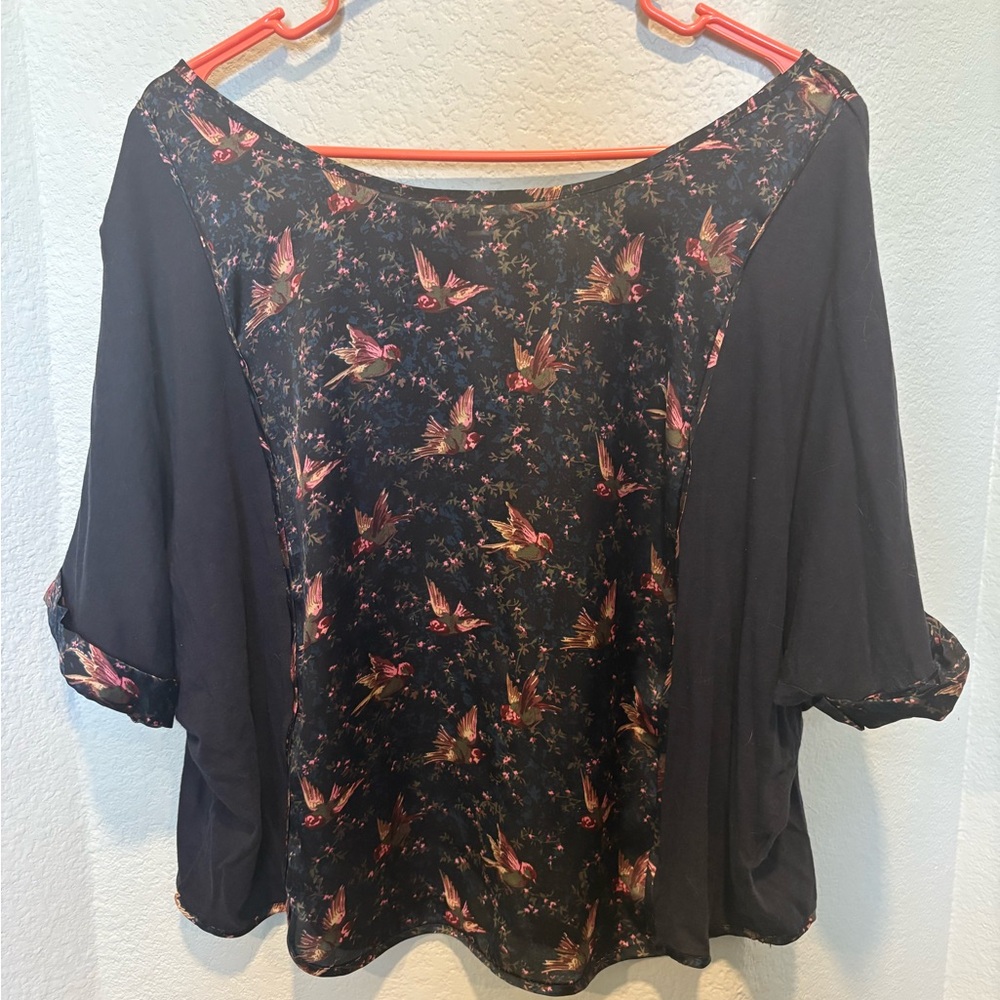 Anthropologie Navy Bird Blouse with Relaxed Fit